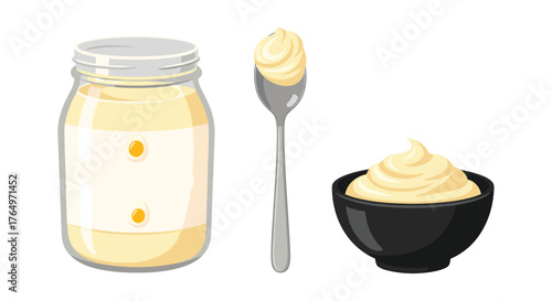 Homemade Mayonnaise - Jar, Spoon, and Bowl of Creamy Condiment.