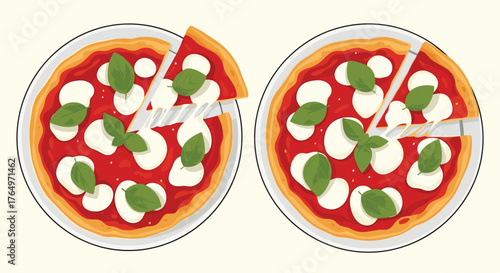 Two Delicious Margherita Pizzas with Fresh Basil Toppings.