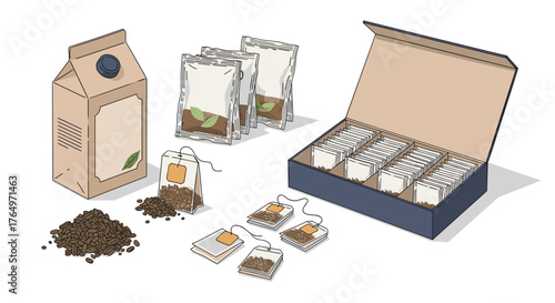 Tea Assortment - Box, Bags, Loose Leaf, and Carton.