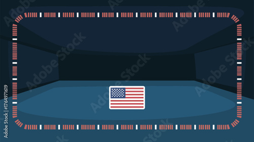 American flag in a blue room with a red and white border forming a rectangle around the scene view
