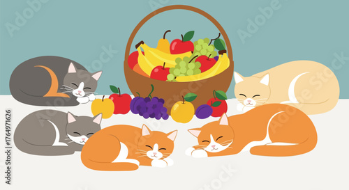 Illustration of cute cats sleeping around basket of fresh fruits, vegetables, and cheese illustration