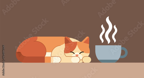 Illustration of peaceful orange cat sleeping beside steaming coffee cup on table