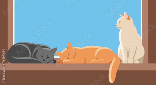 Illustration of three cats lounging together on a sunny windowsill in relaxed poses