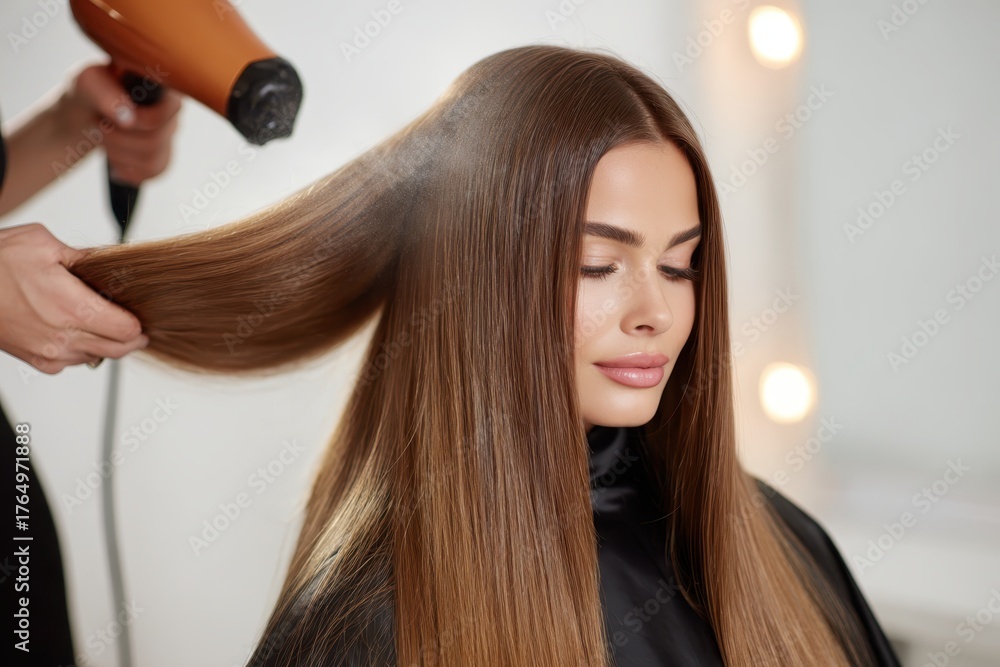 Naklejka premium Woman with long, shiny, straight brown hair is sitting in the salon chair while her professional stylist dries it with a blow-dryer. Beautiful hairstyle. Close-up of hair styled with an electric dryer