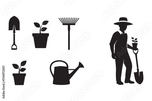 Minimalist Black Silhouette Icons of Gardening Tools and Gardener Elements