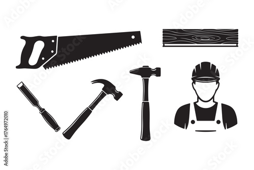 Monochromatic Carpenter and Construction Worker Tools Silhouette Icons Set