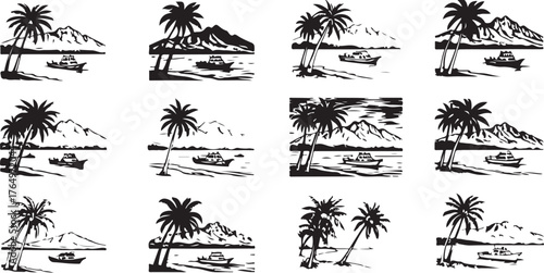 palm trees on the beach engraving outline vector art illustration design, palm tree silhouette, hand drawn beach drawing, line art palm tree, sea, beach, summer view, vintage palm tree on sea beach se