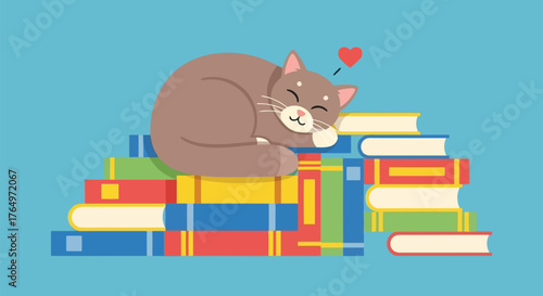 Illustration of cute cat sleeping peacefully on stack of colorful books illustration