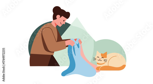 Illustration of person sewing blue fabric while cat sleeps peacefully in cozy blanket nearby