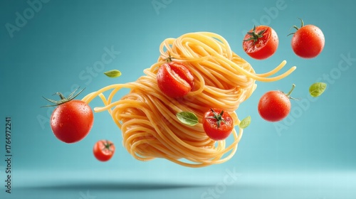Spaghetti with fresh tomatoes and basil on a vibrant blue background.