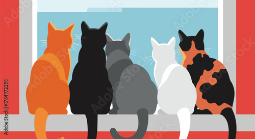 Illustration of five cats sitting together on window ledge looking outside in colorful illustration