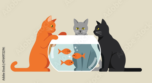 Illustration of three curious cats watching fish in aquarium, flat design illustration