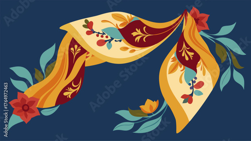 A corner adorned with handpainted silk scarves featuring designs inspired by famous paintings.