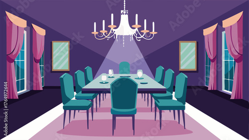 A chic dining room with a long mirrored dining table velvet upholstered chairs and a sparkling crystal chandelier.