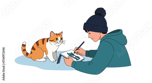 Illustration of artist sketching cat while sitting on floor with digital tablet and stylus