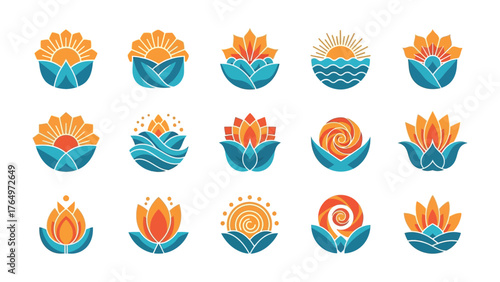 Floral design concept: a collection of abstract floral designs. A collection of intricate illustrations of flowers, sun, and water, each one unique in style and character.