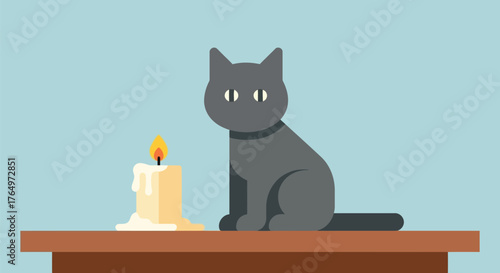 Illustration of gray cat sitting next to a lit candle on a wooden table in calm ambiance
