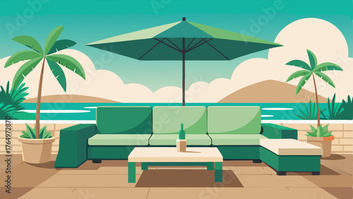 A breezy outdoor patio with a modern sectional sofa and a sun umbrella in a tropical green. The flooring is made of natural stone and there are potted palm trees for a coastal