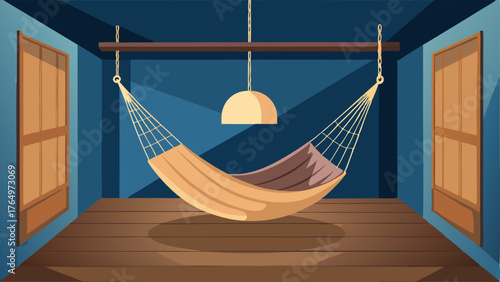 A cozy woven hammock hanging in the corner of the loft perfect for lounging and daydreaming.