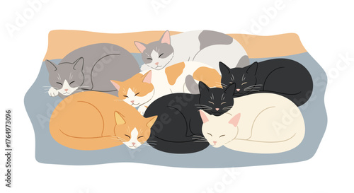 Illustration of cute illustration of six cats cuddling together in cozy blanket, flat design