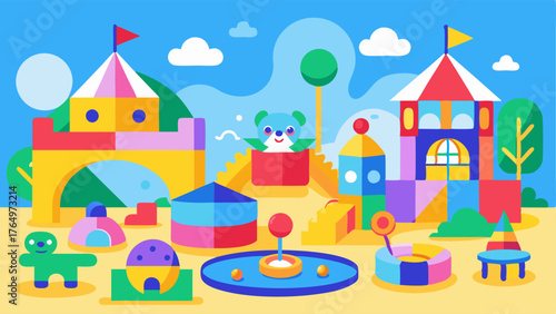 A bright and colorful childrens play area with educational toys and puzzles.