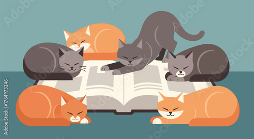 Illustration of playful cats lounging and reading a book in colorful illustration style