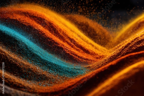 Brilliant waves of fine colorful powder undulate across a dark surface
