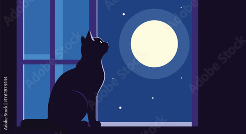 Illustration of silhouette of cat gazing at full moon through window at night