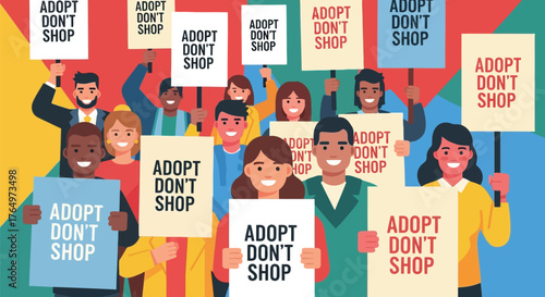 Illustration of group of diverse people holding adopt dont shop signs for animal adoption awareness campaign