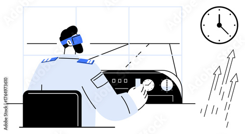 Pilot in uniform operates controls in cockpit, managing equipment. Analog clock and upward arrows suggest time, trajectory, goal-setting. Ideal for aviation, technology, precision, progress