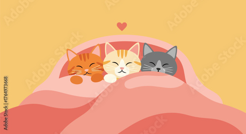Illustration of three adorable cats snuggling together under a blanket with love heart