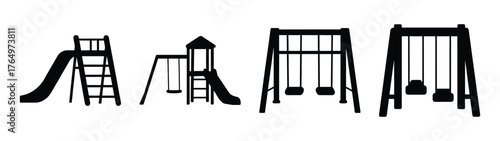 Simple playground equipment icons featuring slides swing sets and modular playsets perfect for children's outdoor activity designs
