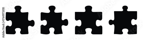 Four identical black jigsaw puzzle pieces depicting concepts of connection team collaboration and problem-solving success