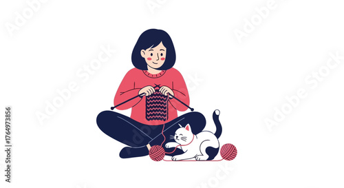 Illustration of woman knitting with cat by her side, cozy indoor scene with yarn and pet