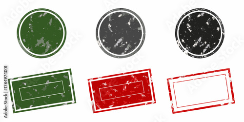 Set of six distressed grunge rubber stamps in circular and rectangular shapes with green gray and red colors