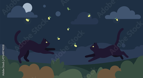 Illustration of two black cats chasing fireflies in a moonlit nighttime forest scene
