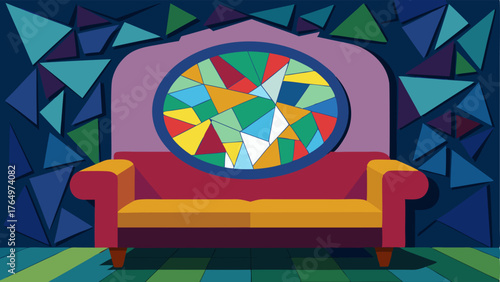 A colorful mosaic mirror made with broken pieces of glass and tile hangs above a cozy velvet sofa.