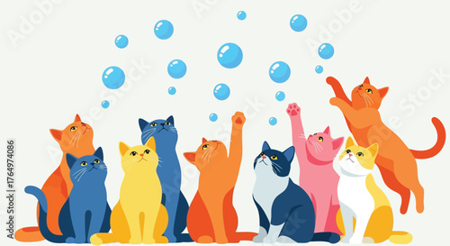Illustration of playful colorful cats reaching for bubbles, cartoon illustration