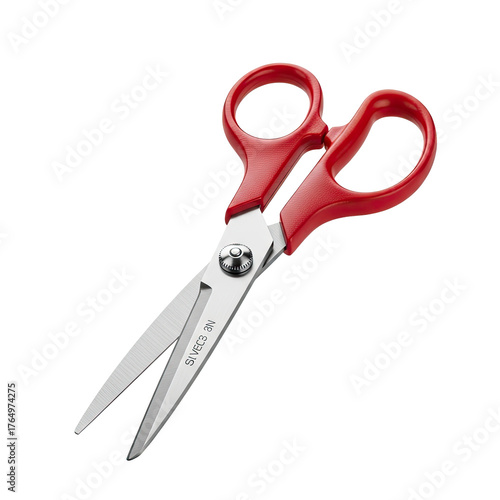 Scissors with red handles, sharp blades, and a metallic fastener
