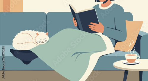Illustration of relaxed person reading book on couch with sleeping cat beside them in cozy home setting