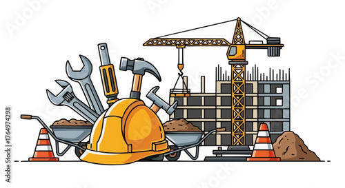 Illustration of a construction site with tools, crane, building, and safety equipment displayed