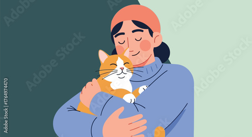 Illustration of woman hugging cat with eyes closed, showing love and affection in illustration