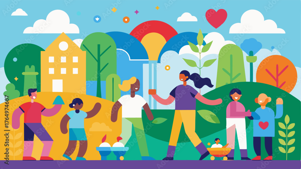 Obraz premium A colorful mural on the wall depicting a healthy community and its members.
