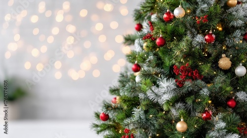 A beautifully adorned Christmas tree stands proudly in a warm indoor space, with red and gold ornaments sparkling in soft light