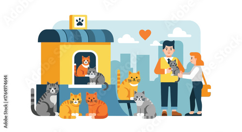 Illustration of happy family adopting cats and kittens in a pet shelter, colorful illustration