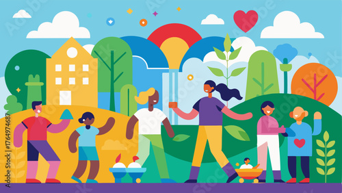 A colorful mural on the wall depicting a healthy community and its members.