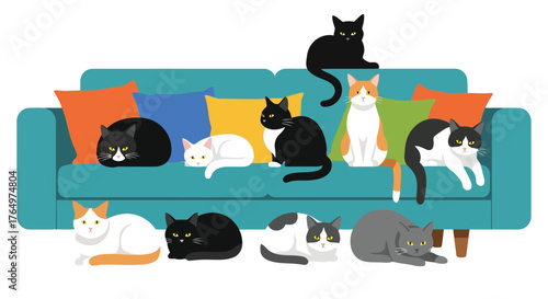 Illustration of playful illustration of multiple cats lounging on a couch in various poses