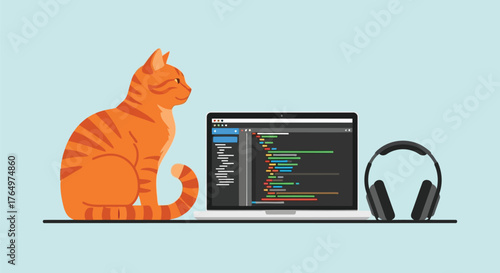 Illustration of orange cat sitting next to laptop with code and headphones on light background