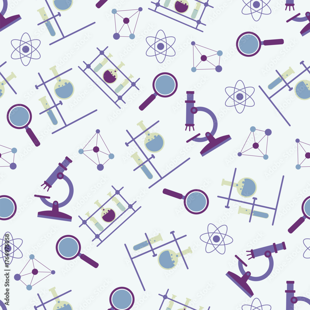 Obraz premium Modern seamless science pattern featuring microscopes magnifiers atoms and laboratory flasks ideal for education projects research backgrounds chemistry designs and academic illustrations