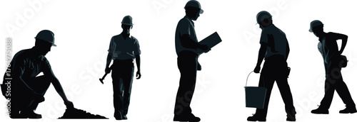 Construction workers silhouette, hard hat labor, industrial teamwork, job site safety, manual work, blueprint inspection, bucket handling, hammer task, infrastructure crew